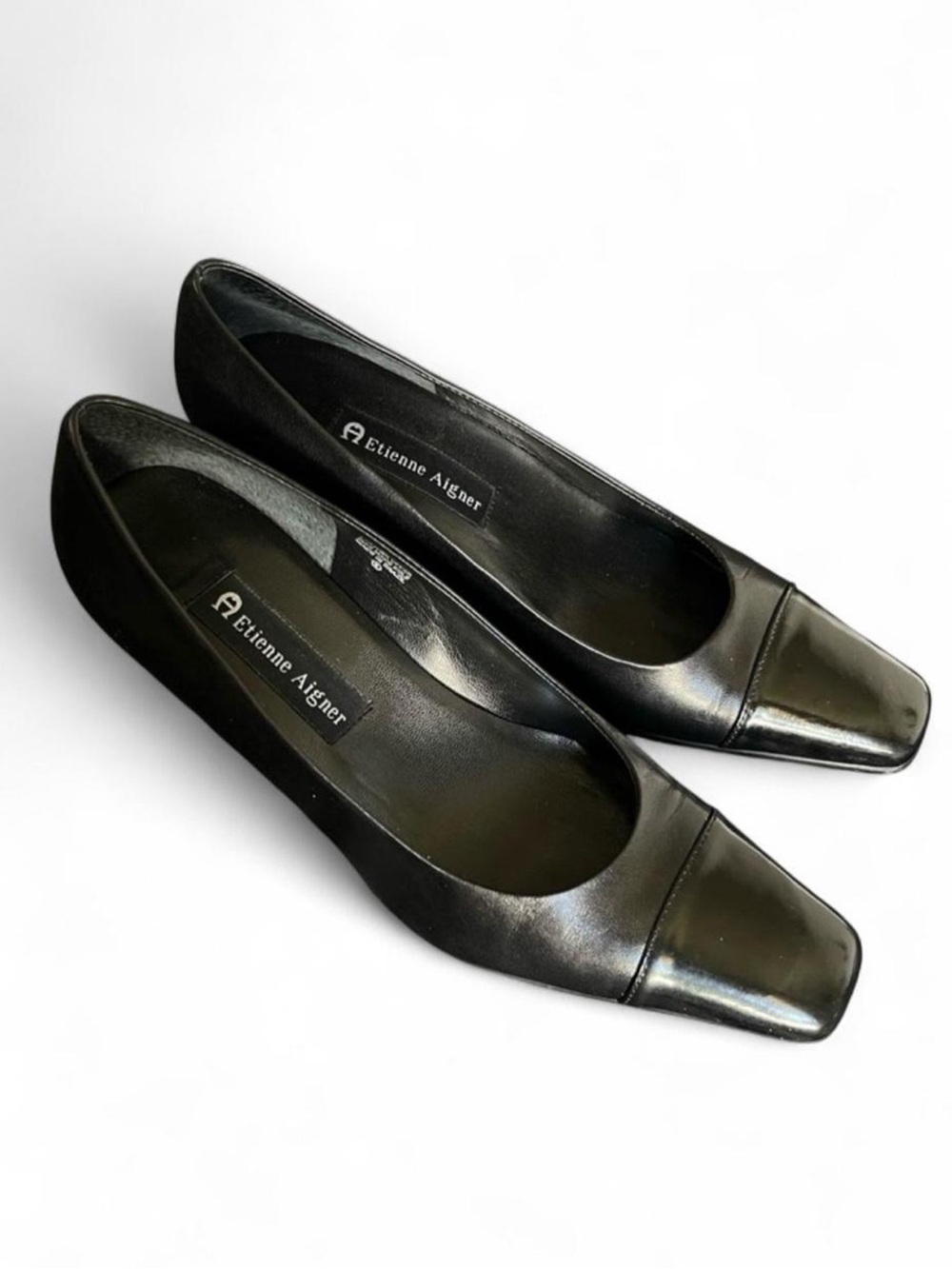 Etienne Aigner Black Leather Square Toe Block Heel Pumps 7.5M Old Money Preppy